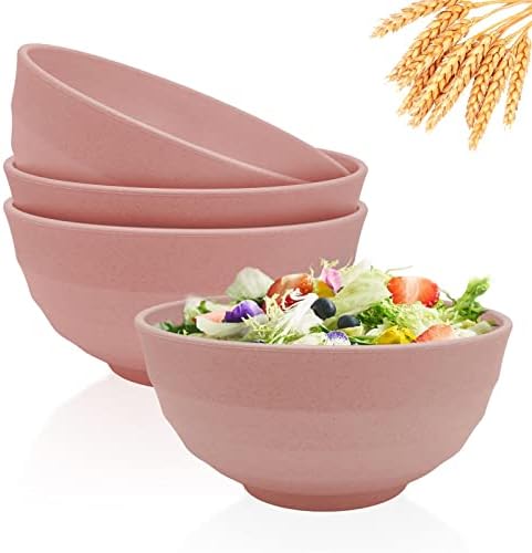 Numkey 60 oz [Set Of 4] Wheat straw bowls, Salad bowls, Large cereal bowls, Soup bowls, Unbreakable, Oversized, Lightweight, Dishwasher & Microwave safe, Dinner bowls for kitchen (Pink)