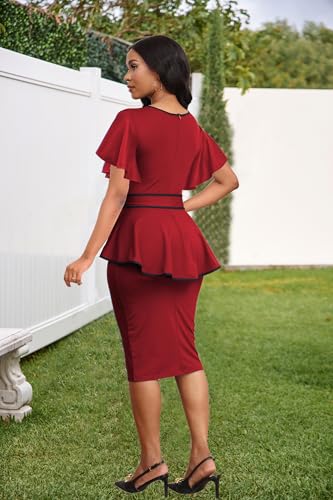 Image of Women's Vintage Bodycon Church Ruffle Sleeve Ruched Dresses Work Midi Pencil Dress