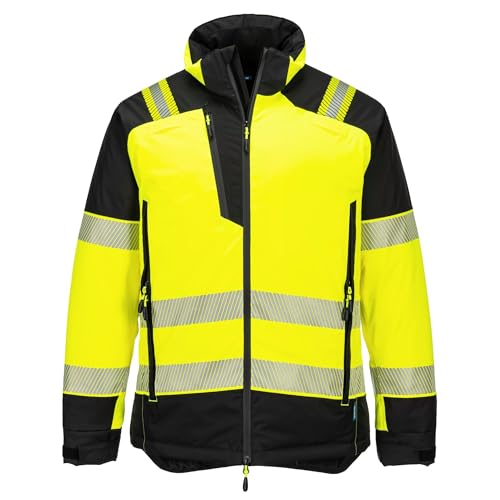 Portwest T160 PW3 Hi Vis Winter Jacket Waterproof Breathable Thermal Insulatex Pro Lining Stretch Soft Shell Two Way Zip Harness Access Removable Hood Windproof Durable Design, Yellow/Black, S
