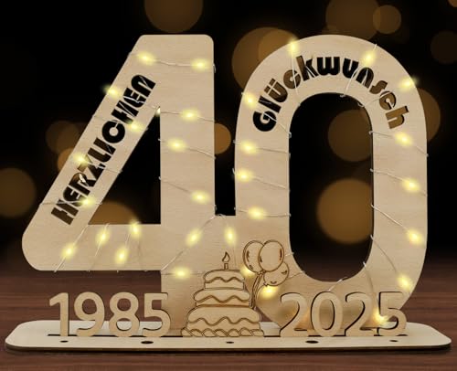 SALUOKE 2025 40 Geldgeschenke Geburtstag mit LED Lichterkette, 40 Geburtstag Geschenk für Frauen & Männer, Holzschild Gästebuch zum 40. Geburtstag, 40 Geburtstag Deko