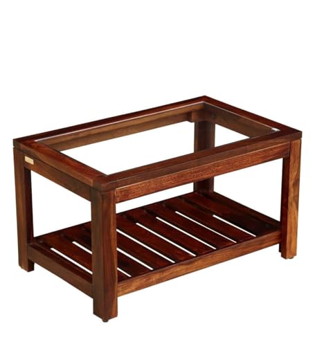 Image of BWF Premium Sheesham Wood Frame & Transparent View Solid Glass Top Centre Table for Home, Office, Cafe & Reception Areas | TeaCoffee Table | Sofa Table | Luxury Furniture | Under Table Shelf Storage