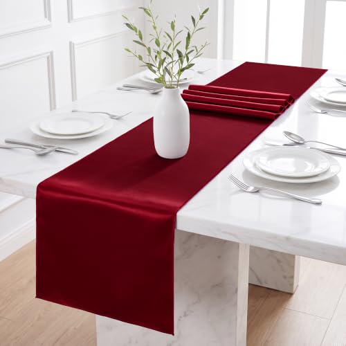 Aneco 16 Pack Satin Table Runner 12 x 108 Inch Burgundy Long Wedding Satin Silk Table Runner for Wedding Banquet Graduations Birthday Party Decoration