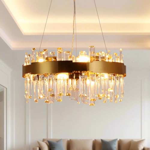 Prayou 19.7 Inch Dimmable Modern Gold Crystal Chandelier, Luxury 2-Tier Round K9 Crystal Ceiling Light Fixture, 12-Light Adjustable Brass Chandelier for Dining Room Kitchen Island Living Room
