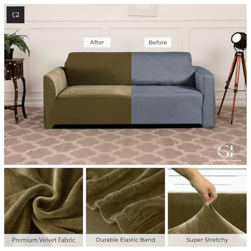 Image of Gifts Island Premium Velvet Sofa Cover 3 Seater and 2 Seater Fully Covered Universal 5 Seater Sofa Cover Non-Slip Sticky Elastic Stretchable Slipcover (Velvet Gold)