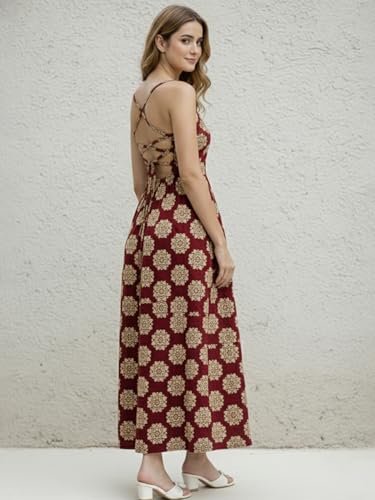 Image of Aahwan White Printed Round Neck Sleeveless Backless Long Indo Western Fusion Dress for Women's & Girl's