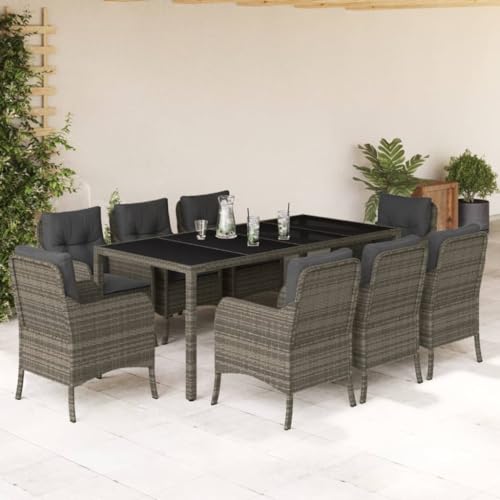 KCCKOM Garden Furniture Set 9 Piece Patio Dining Set with Cushions Gray Poly Rattan