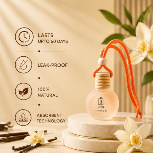 Image of UNO AROMA Vanilla Car Air Freshener, 15ml, Long Lasting Hanging car perfume, Toxin-Free Oil in Glass Bottle with Wooden Diffuser, Car Accessories for fresh aroma, Last Upto-60 Days