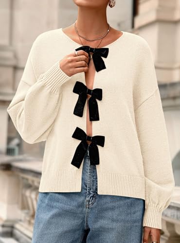 PRETTYGARDEN Cardigan Sweaters for Women Fall Fashion 2025 Bow Tie Front Long Sleeve Knit Sweater Tops Cute Winter Clothes4