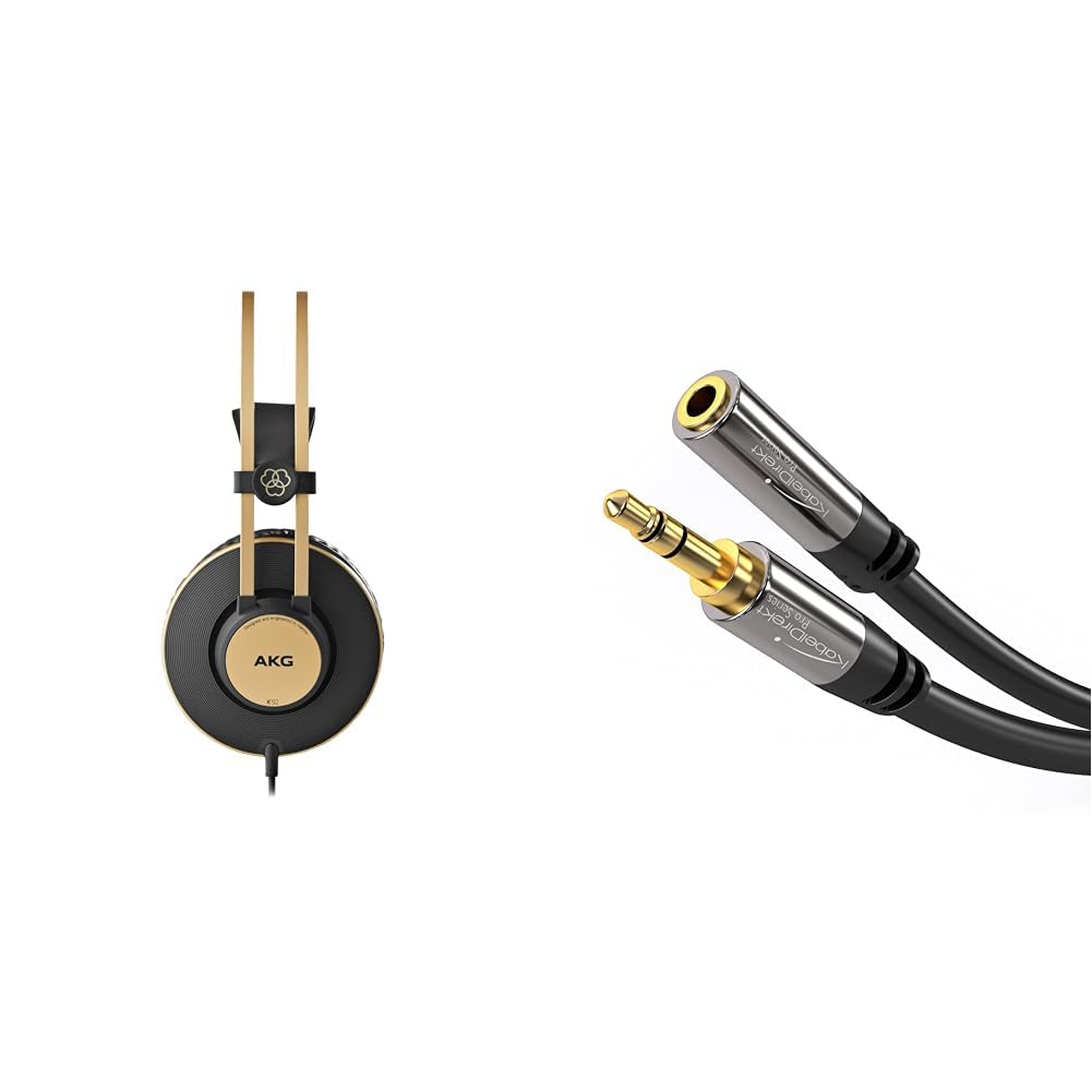 AKG K92 Hochleistungs-Kopfhörer mit geschlossenem Design, Schwarz & KabelDirekt – 5 m – Kopfhörer-Verlängerungskabel, 3,5-mm-Klinken-Verlängerung (schwarz)