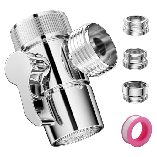 Riloventa 3 Vie Braccio Adattatore Rubinetto, Soffione Deviatore Doccia, Valvola Deviatrice Separatore, con Adattatori M22 a M24, Usata per Lavatrice, Lavandino, Cucina, Bagno(Argento)