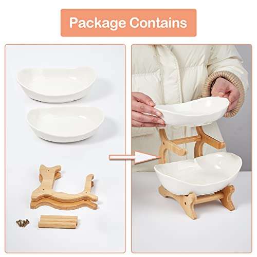 Jollebone 3 Tier Ceramic Fruit Bowl With Bamboo Wood Stand, White Kitchen Fruit Basket Stand Fruit Serving Tray Set For Vegetable Storage, Snack Dessert Cake Candy Tray Plate Holder #TOP5