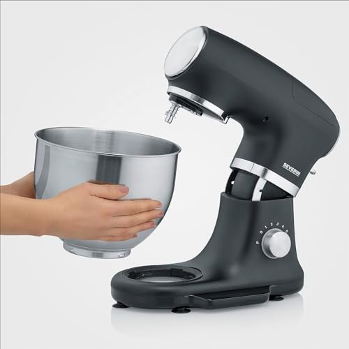 SEVERIN Robot de cuisine avec balance intégrée, robot pâtissier pour 3 kg de pâte ou 5,5 L, robot ménager robuste avec crochet à pétrir, batteur plat et fouet, 1 000 W, noir, KM 3898