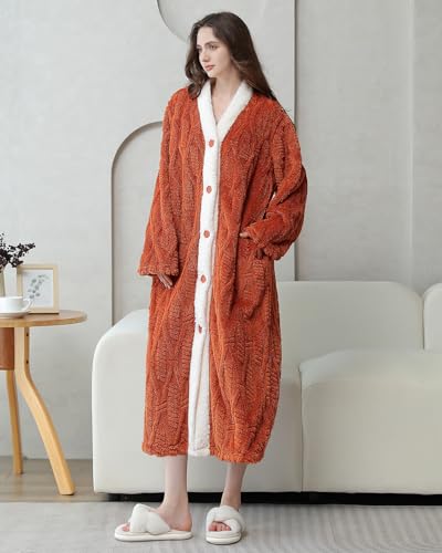 Soojun Women's V-Neck Soft Button Up Housecoats Plush Robes with Pockets3