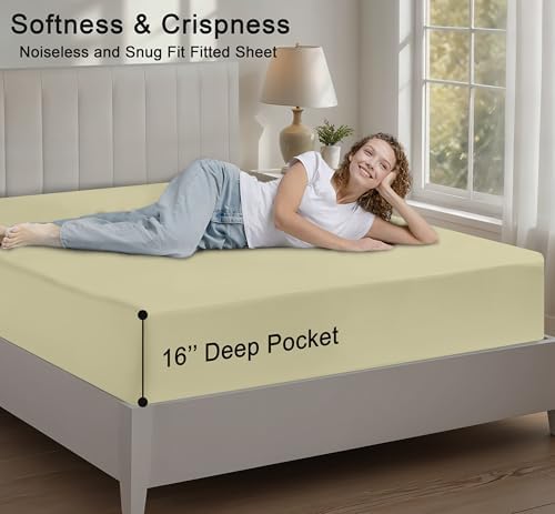 RUVANTI 100% Cotton Queen Fitted Sheet Only - Crispy Cooling Percale Sheet - Breathable & Durable Fitted Sheet Queen Size - Deep Pocket 16 Inches (Fits up to 18") - Sage Green - 1 Piece - Thumbnail 4