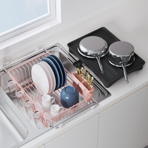 Image of JASIWAY Pink Dish Drying Rack in Sink with Drainboard and Utensil Holder