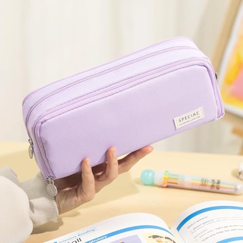 Image of Canvas School Bag Pencil Case, 3 Layer 6 Compartment Large Capacity, Aesthetic Pencil Pouch for Stationary, Cute Stationery for Kids, Pencil Case for Girls & Boys (Special Purple)