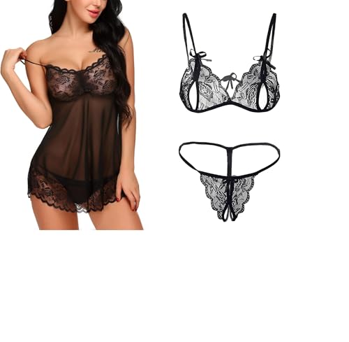 Image of SSoShHub Lace Babydoll Lingerie Sexy Mini Chemise Mesh Wedding Nightie Bridal Nightdress with Bikini