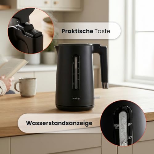 Elektrischer Wasserkocher 1,5L 2200W klassisch Messbecher für Wasser Wasserstand Edelstahl Doppelwandig automatische Abschaltung Schwarz Sicherheit vor Kochen ohne Wasser – Bild 4