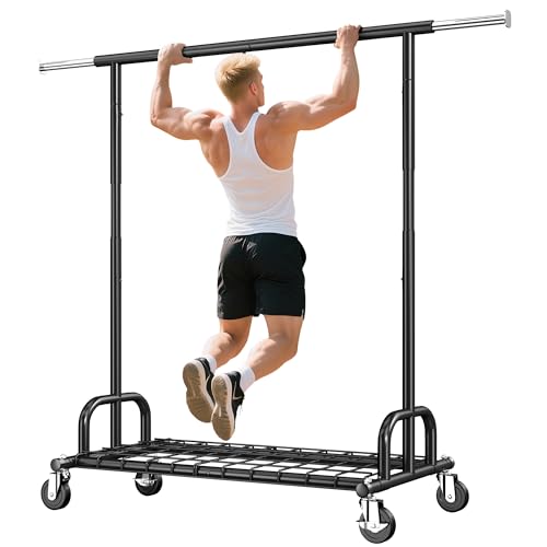 Raybee Heavy Duty Clothes Rack, Clothing Racks for Hanging Heavy Clothes 200+, Rolling Clothing Rack Load 485 LBS, Extendable & Adjustable Portable Commercial Garment Rack with Wheels, Black