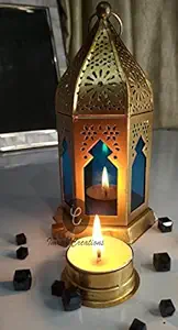 Imrab Creations Decorative Moksha Hanging Lantern Tealight Candle Hanging Laltern Golden (Golden-Blue),Iron