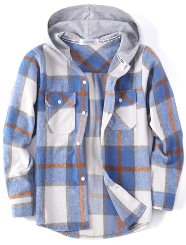 Aimehonpe Boys Girls Casual Flannel Plaid Hoodies Fall Fashion Button Down Shirts Long Sleeve Cute Lightweight Jacket Coats, BlueOrange, X-Large