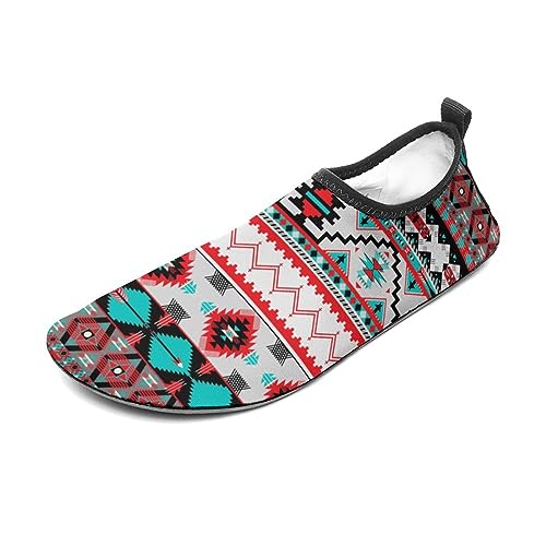 Water Shoes for Womens Mens Barefoot Quick-Dry Aqua Socks for Beach Swim Surf Yoga Exercise (Geometric Indiana Western Southwest Tribal Ethnic Aztec Red Turquoise)