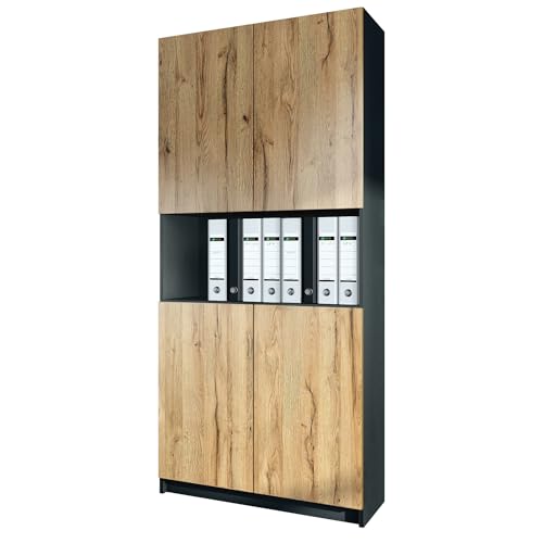 InnoFurn Aktenschrank Elona M2, Büroschrank mit Soft-Close & Push-to-Open, Aufbewahrungschrank, Büro, Home Office. Wohnzimer, Schwarz/Eiche Evoke (82 x 184 x 37 cm)
