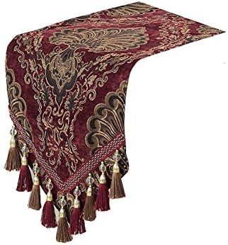 Yoovi Modern Elegant Jacquard Fabric Floral Table Runner and Dresser Scarf with Multi Tassels Living Room Bedroom Home Decoration (Maroon, 13''W x 82''L)