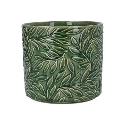 Gisela Graham Stoneware Plant Pot Cover, Green Willow Leaf Design,15 x 17cm, Glazed