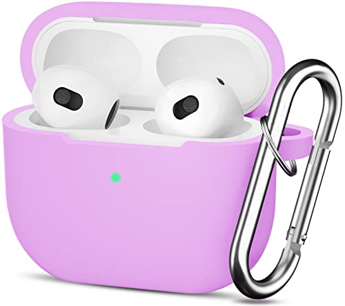 JTOMEI for AirPods 3 Case Cover with Keychain, Full Protective Silicone Case Accessories for AirPods 3rd Generation, Front LED Visible, Light Purple