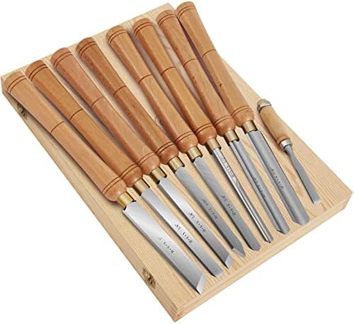 UOKRR Wood Turning Chisels for Wood Lathe 9 Piece Woodworking Lathe Tools Wood Carving HSS Blades Beech Handle Brass Ferrules with Wooden Case for Storage