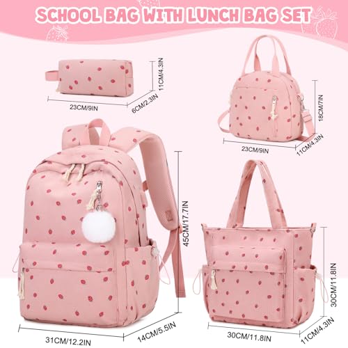 4PCS Corduroy Girls Backpack Set with Tote & Lunch Box (Pink Strawberry) by ACESAK - Used condition - Image 2