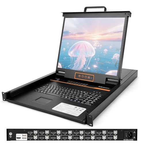 Image of 19-Inch Rackmount KVM Console, 1U Rack Mount Monitor and Keyboard HDMI 16 Port KVM Switch, OSD /Hotkey /Button Switching, Includes Cables, Compatible with Windows,Linux,Mac,Sun