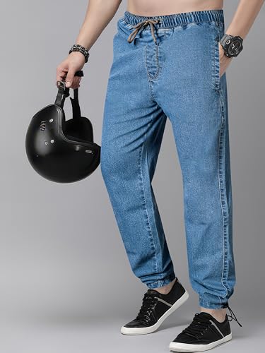 Image of Men's Comfort Fit Denim Lycra Joggers Jeans Stretchable High Rise Relaxed Fit Available in Dark Blue Navy Blue Light Blue Full Length Soft Fabric Machine Wash