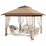 GarveeLife 12 ft x12 ft Gazebo Outdoor Pop up Canopy Tent with Curtains and 144 Square Shelter for Patio,Backyard Party, with Mosquito Netting, 2-Tiered Vented Top, Khaki