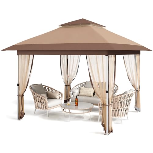 GarveeLife 12 ft x12 ft Gazebo Outdoor Pop up Canopy Tent with Curtains and 144 Square Shelter for Patio,Backyard Party, with Mosquito Netting, 2-Tier