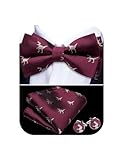 YOHOWA Funny Dinosaur Bow Tie for Men Burgundy Silk Pre-Tied Bowtie Pocket Square Cufflinks Set Wedding Party Prom