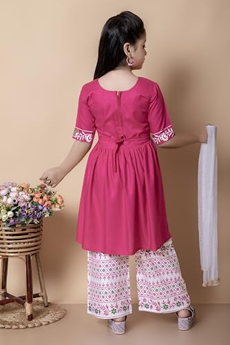 Image of New Badshah Dressesn Indian Ethnic Kids Girls Kurta Straight Pant with Silky Dupatta Dress Set, Cotton Rayon Fabric