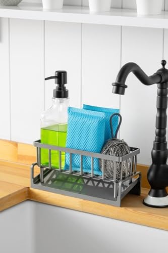 Orret Home Lavabo Organizeri Tezgah Üstü ABS Plastik Mutfak Organizer Banyo Düzenleyici Evye Üstü Süngerlik Sabunluk Organizer Su Hazneli Gri Raf (Metalik Gri) - Görsel 6