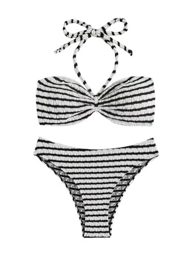 Women's Striped Halter Bathing Suit Colorblock High Waisted Swimsuit Bikini Set