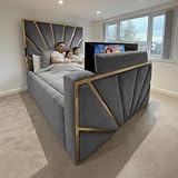 Luxury Velvet TV Bed Frame with Ottoman Storage, Electric TV Lift, Double/King/Super King Sizes, Modern strip Design (Cream Plush, 5ft King size Without Storage)