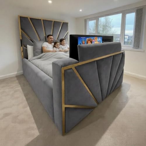 Luxury Velvet TV Bed Frame with Ottoman Storage, Electric TV Lift, Double/King/Super King Sizes, Modern strip Design (Cream Plush, 5ft King size Without Storage)