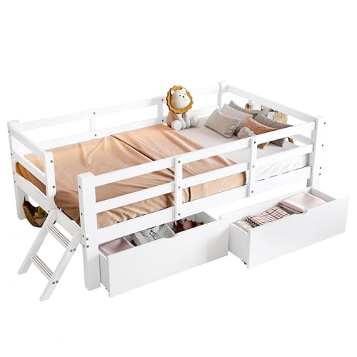 Cama con plataforma infantil de madera blanca con barandilla para un cuarto ordenado 7
