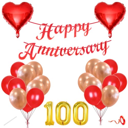 Image of Flyloons 100th Happy Anniversary Decoration Items Red Rose Gold for Men Women Husband Wife Mom Dad Parent Couple Home Bedroom Car With 20 Pcs Metallic Balloons Anniversary Banner 2 Pcs Heart Set Kit