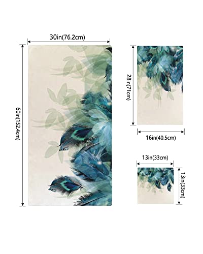 Teal Turquoise Towel Sets For Bathroom,Microfiber Bath Kitchen Beach Hair Hand Yoga Dish Towels And Washcloths,Peacock Feather Blue Modern Minimalistic Abstract Quick Dry Decorative Towels+Set Decor #TOP3
