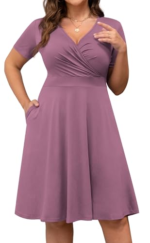 Image of POSESHE Womens Plus Size Dresses Summer Short Sleeve Wrap V-Neck Sundress Casual Wedding Guest Cocktail Dress with Pockets