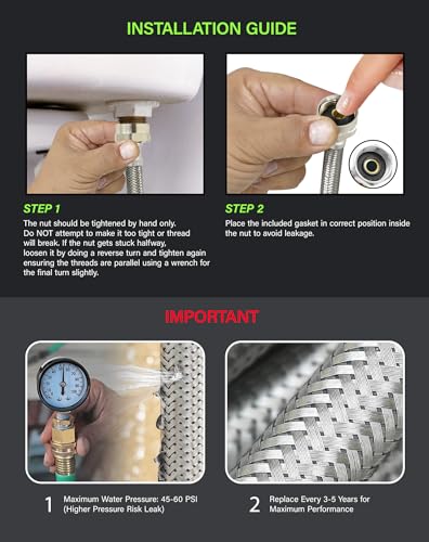 HIGHCRAFT 16 Inch Flexible Toilet Water Supply Line Braided Stainless Steel Toilet Hose Connector 3/8 Inch Compression x 7/8 Inch Ballcock Brass Nut