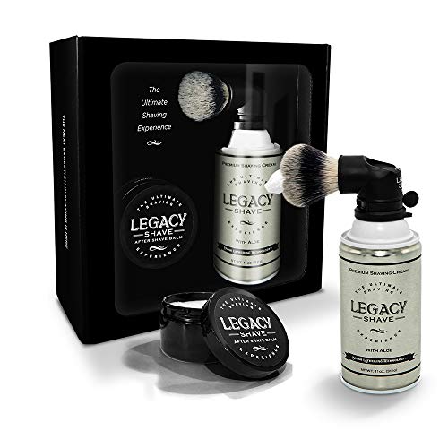 Legacy Shave  The Ultimate Shaving Experience GIFT SET  Shave Brush Attached to Can of Legacy Shave Premium Shave Cream - Aloe and Soothing After Shave Balm Shea Butter - Unique Gift for Men (Black)