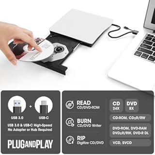 ROOFULL External CD/DVD Drive for Mac Laptop, USB 3.0 & USB-C Portable DVD CD ROM Reader Player Burner Writer Rewriter for Apple MacBook Pro/Air, iMac, Windows 11/10/ Laptop Computer, White