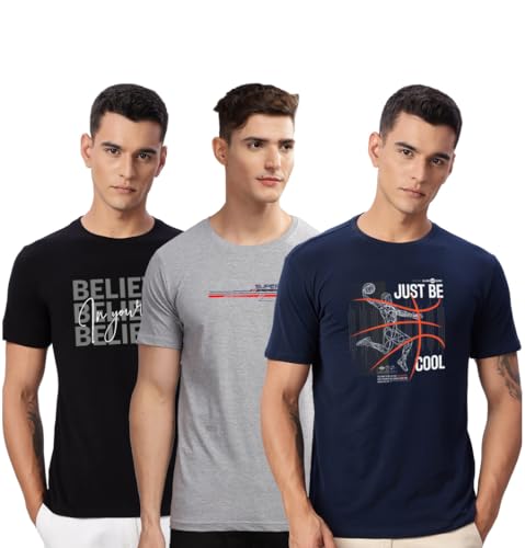 Image of ADRO 100% Cotton Lycra Tshirts for Men Combo Pack of 3 | Regular Fit | Printed T Shirt | Round Neck Half Sleeve| Mens Tshirts